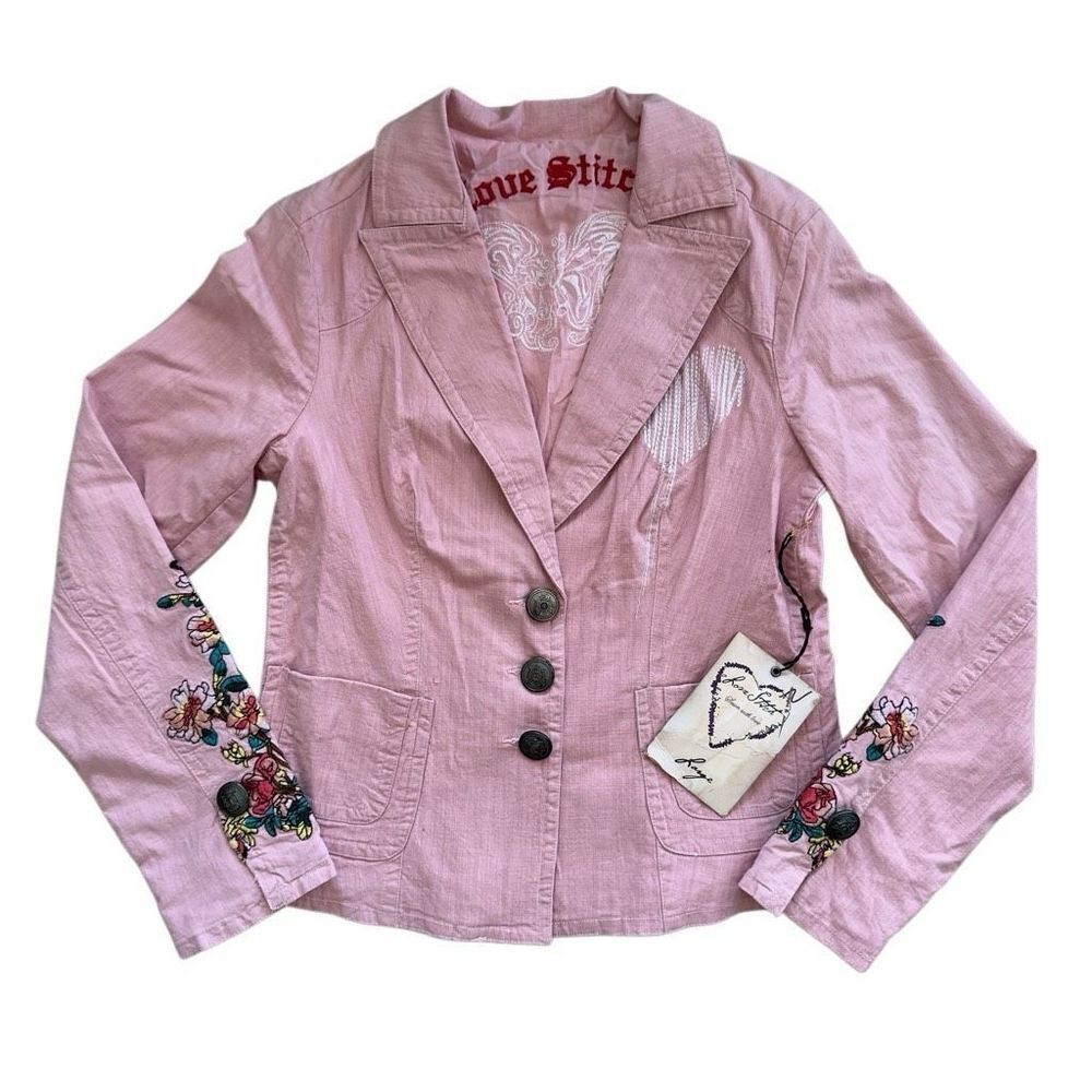 NWT Y2k boho Love Stitch pastel pink floral embroidered cotton slim blazer sz L